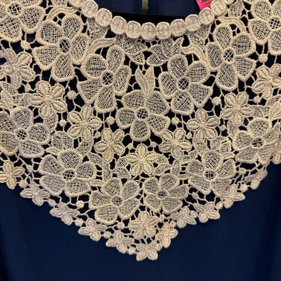 Women’s Lilly Pulitzer Nala Navy Mini Dress with Gold Lace Bib Brocade sz 14 - Picture 7 of 11